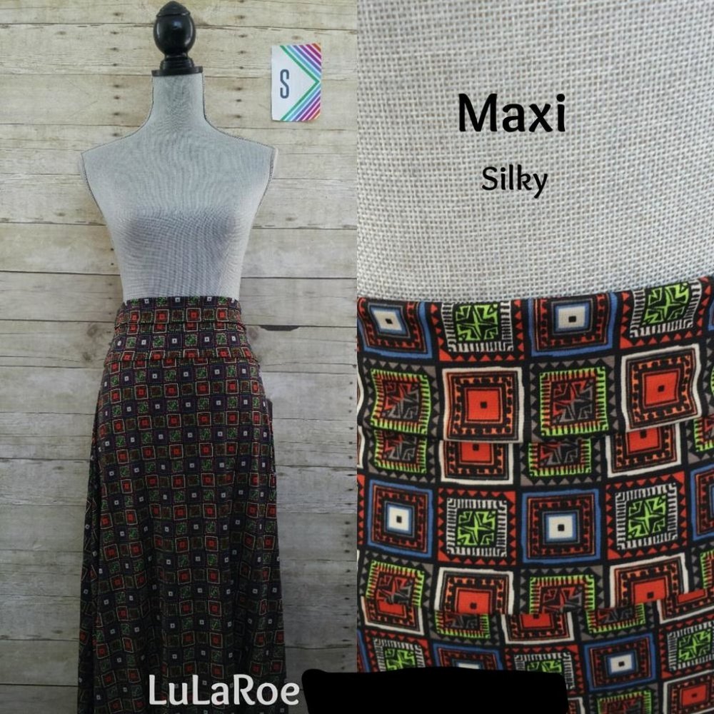 NWT LuLaRoe Maxi Skirt/Dress Small - Orange, White, Blue, Green Squares on Black